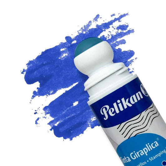 Tinta para sello Pelikan azul de 60 ml con aplicador roll-on, ideal para sellos y almohadillas. ¡Disponible en Officemate!