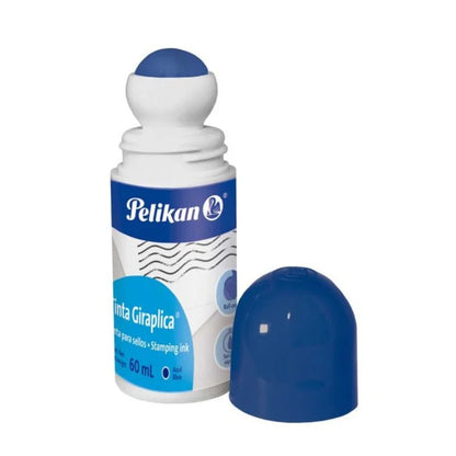 Tinta para sello Pelikan azul de 60 ml con aplicador roll-on, ideal para sellos y almohadillas. ¡Disponible en Officemate!