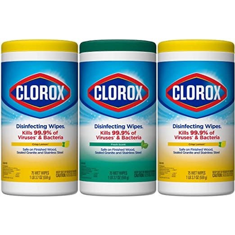 Tres envases de toallitas desinfectantes Clorox, aromas limón y fresco
