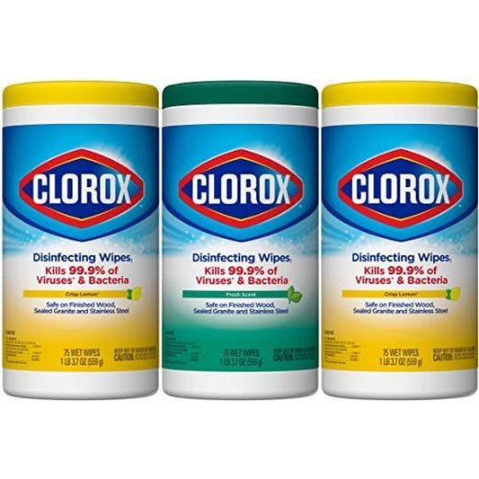 Tres envases de toallitas desinfectantes Clorox, aromas limón y fresco