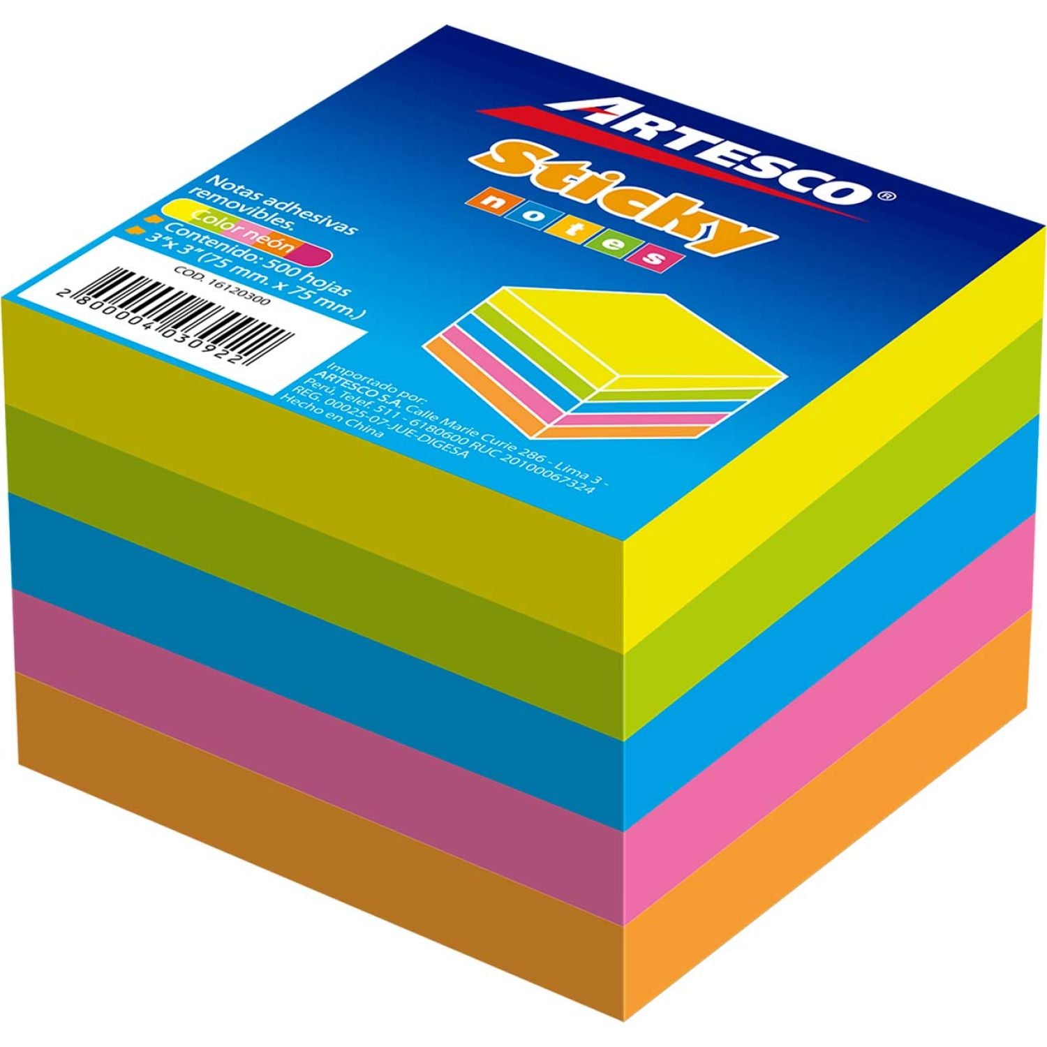 Notas adhesivas (3x3), Colores neon, cubo 5/1, Artesco