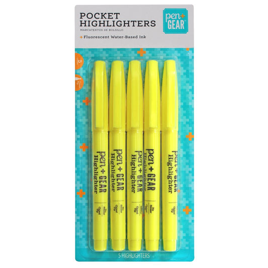 Resaltador amarillo fluorescente y punta de cincel, 5 ud, Pocket Pen + Gear