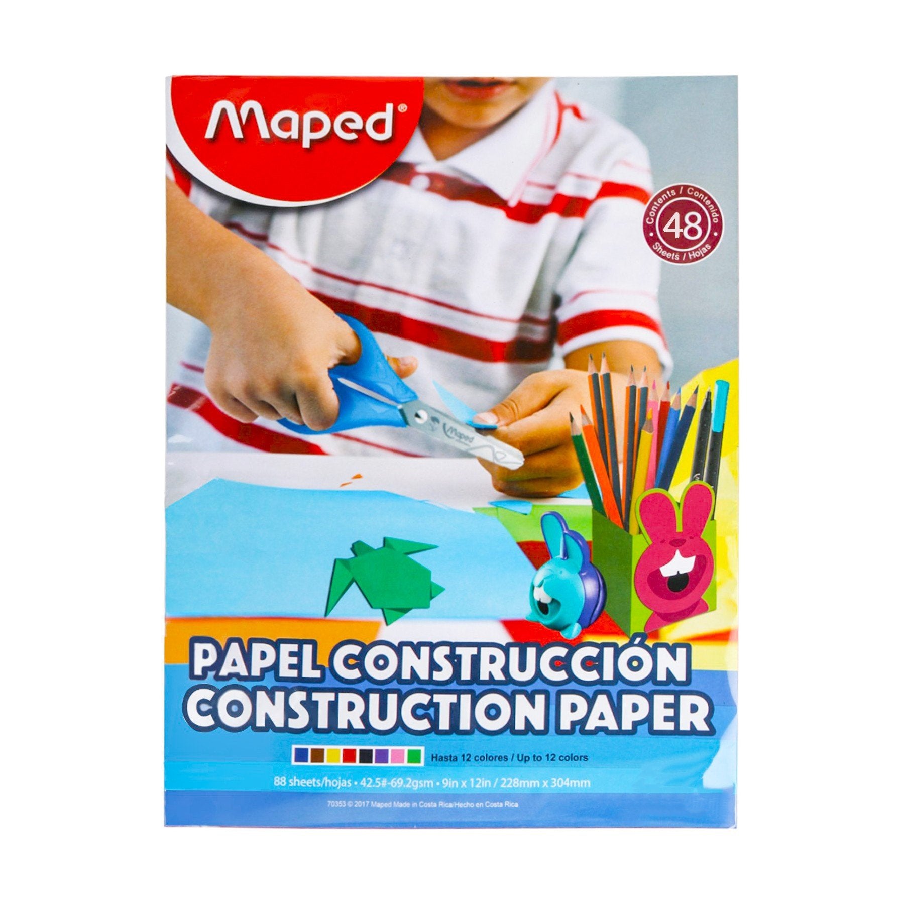 Papel de Construcción (Construction Paper) de colores surtidos.  Ideal para manualidades infantiles.  11 colores surtidos  Tamaño: 9″ x 12″ (228mmx304mm), 69.2gsms